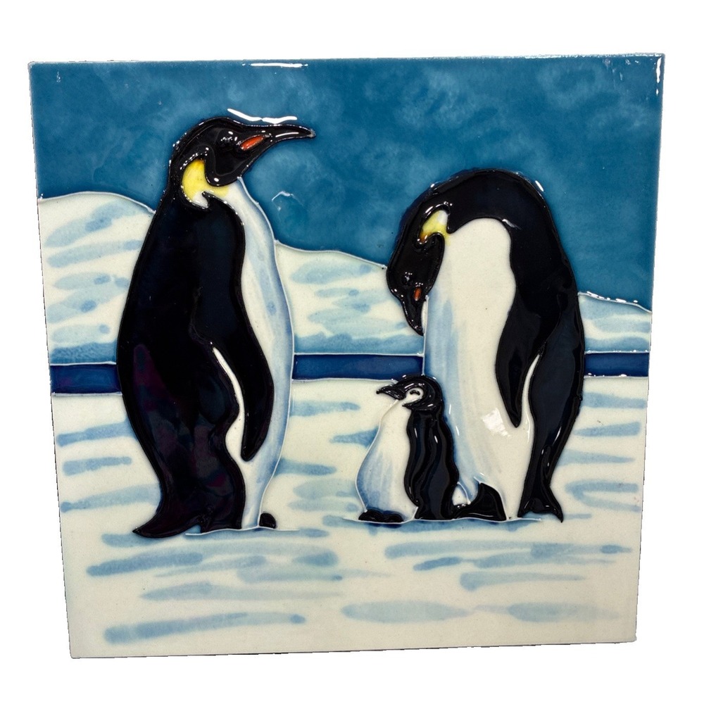 St Louis Zoo Hand Painted Art Tile Penguin Family Fiber Backing Trivet 8x8